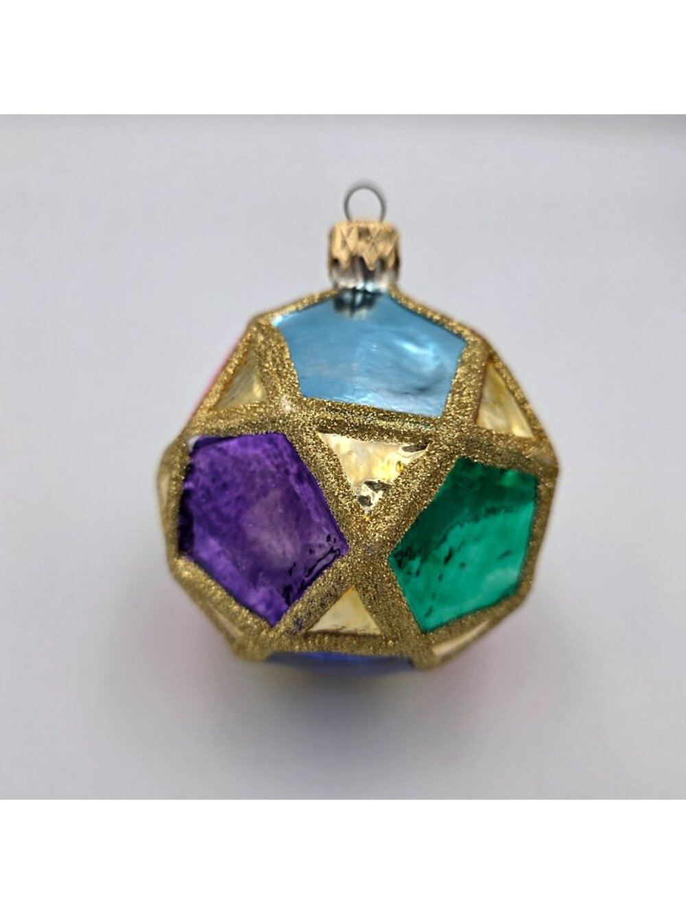 VTG Multicolor Faceted Glass Christmas Ornament Gold Glitter Geometric Design